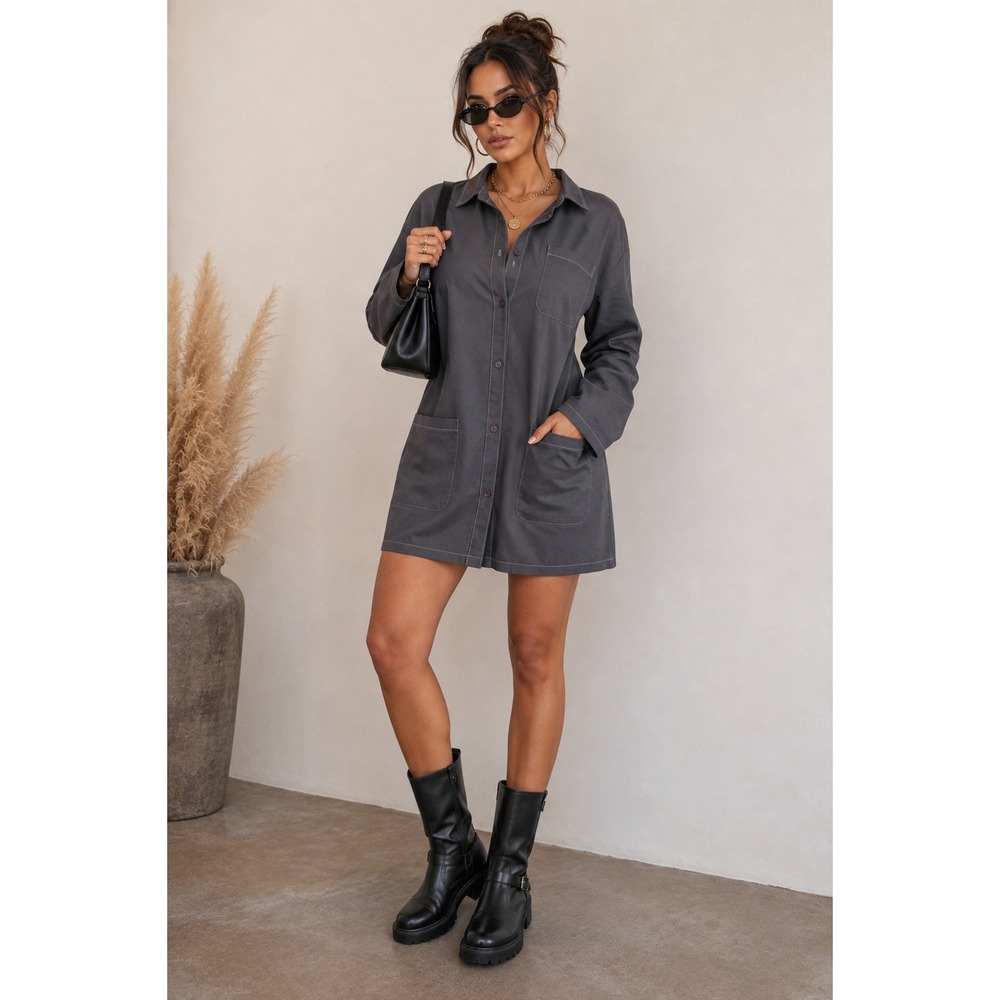 PrettyLittleThing Charcoal Contrast Stitch Pocket Cargo Shirt Dress US 4 NEW